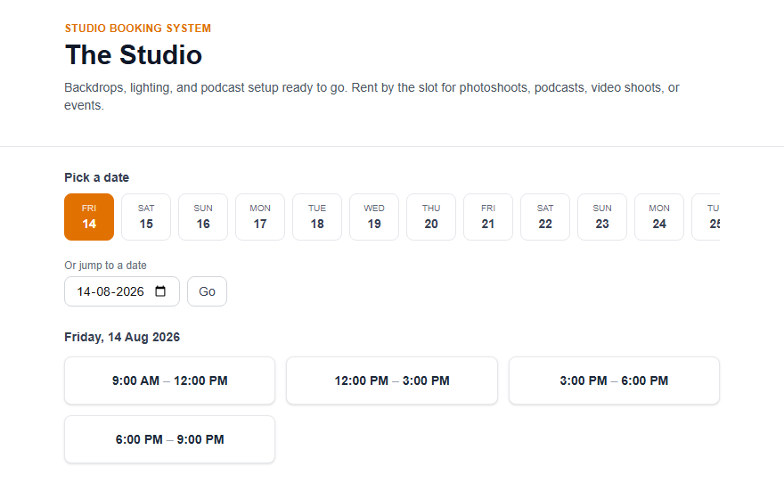 Studio Booking live demo
